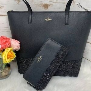 Kate Spade Greta Glitter Penny Large Tote Handbag Bag + Continental Wallet Black